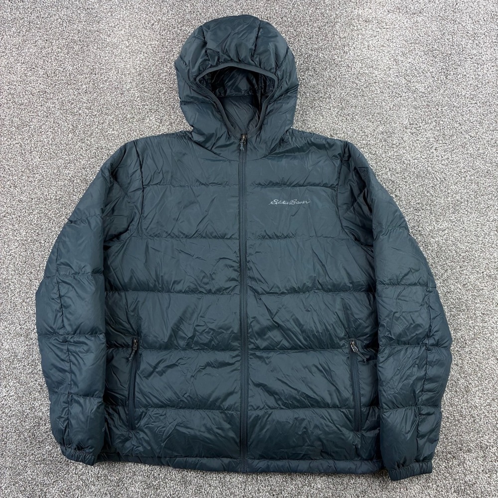 Eddie Bauer Eb650 Down Puffer Jacket Mens Large Blue Wide Channel Hooded Zip